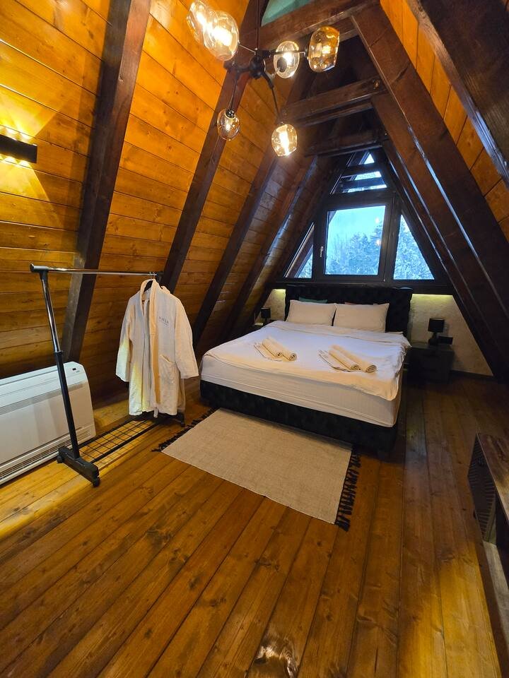 Interior panoramic windows view at dusk