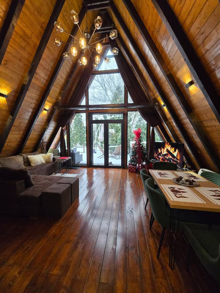 A-frame interior with dramatic panoramic window views